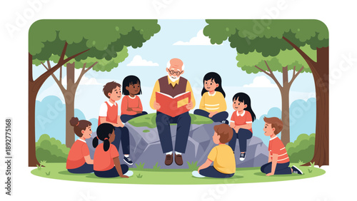 Senior man sitting on a large rock in a peaceful park setting and reading an interesting story to a group of attentive young children.