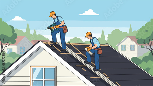 Two construction workers in hard hats and safety gear working together to install panels on the steep roof of a suburban house.