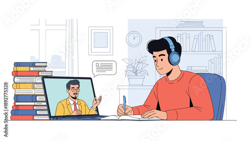 Young student sitting at a desk with books and taking notes while watching a live online lecture with a teacher on a laptop.