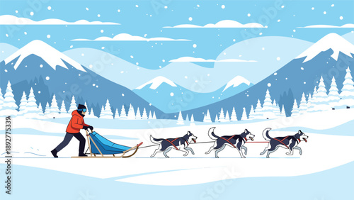 Musher being pulled by a team of husky sled dogs through a snowy mountain trail during a beautiful winter day with light snow.