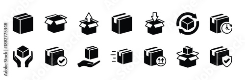 Set of package and shipping icons in solid black style, illustrating boxes, delivery, handling, and tracking for logistics and e-commerce workflows