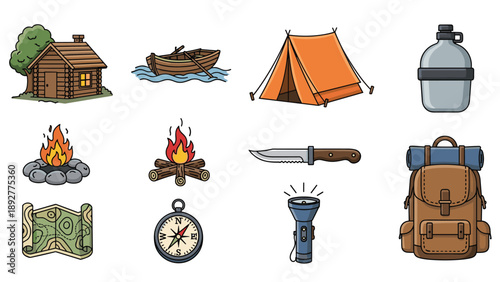 Set of essential camping and outdoor adventure icons like a log cabin, tent, wooden boat, campfire, backpack, and survival tools.