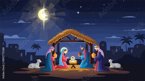 Beautiful nativity scene illustration with baby Jesus in the manger, Mary, Joseph, and the three wise men under a starry night sky.