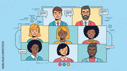 Digital interface showing a video conference call with nine diverse men and women participating in an online business meeting.