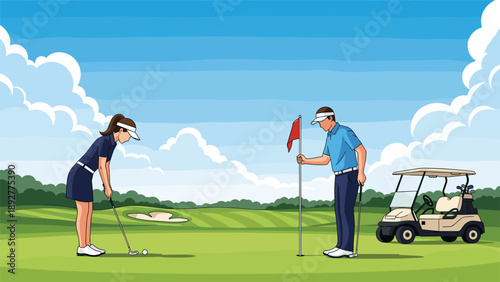 Active man and woman playing a game of golf together on a beautiful green course with a golf cart parked on the side.