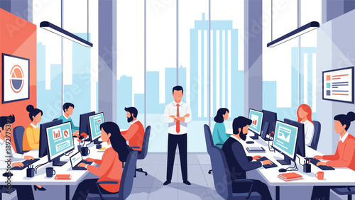 Modern corporate office interior where several business people are working at their desks while a manager stands with crossed arms.