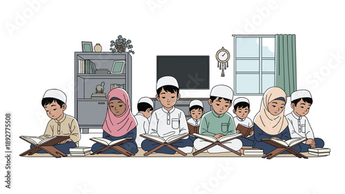 Group of young Muslim children sitting on a rug and reading the Quran together from wooden stands in a bright and quiet classroom setting.