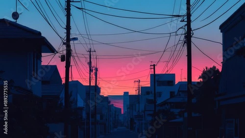 Video A city street scene at sunset with power lines visible above