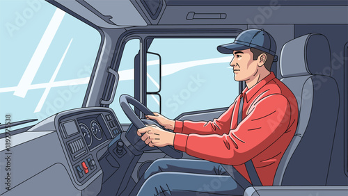 Professional truck driver wearing a blue cap and red shirt steering a large commercial vehicle through a window showing a clear sky.
