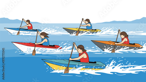 Active group of people in colorful kayaks racing across a vast blue body of water with white waves and distant mountains under a sky.