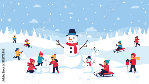 Group of cheerful children playing in a snowy winter park with a giant snowman, sledding on hills, and building snowmen together.