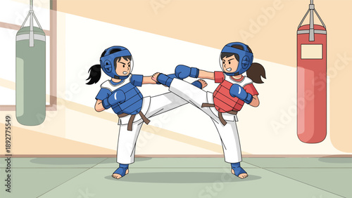 Two young girls in martial arts uniforms and protective gear practicing taekwondo kicks in a gym with hanging heavy punching bags.