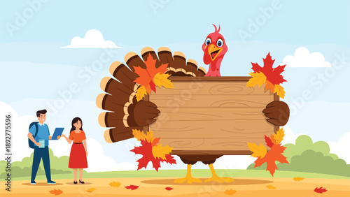 Festive cartoon turkey holds a blank wooden sign surrounded by autumn leaves while a couple stands nearby outdoors.