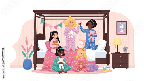 Group of diverse young girls enjoying a fun slumber party in a bedroom, playing with teddy bears and laughing together on a large bed.