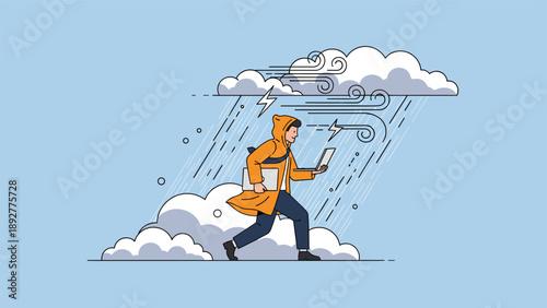 Person wearing an orange raincoat running through a heavy storm with wind, rain, and lightning while trying to use a laptop computer.