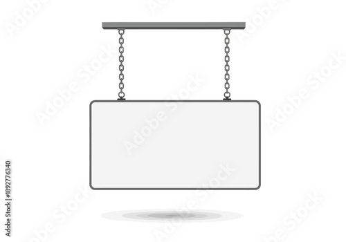 Blank sign hanging from chains on a metal bar viewed directly from the front