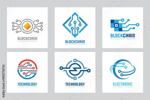 Electronic technology - vector logo set for corporate identity. Abstract chip sign. Computer network, internet concept illustration. Blockchain logo. Graphic design elements.