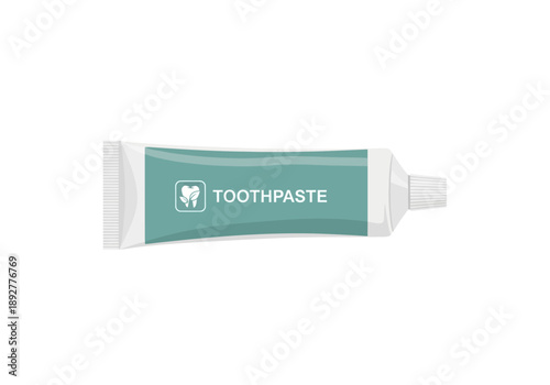 Toothpaste tube with label and cap on white background viewed from the side