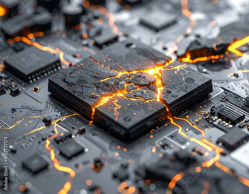 Digital Kintsugi: Broken Microchip Repaired with Molten Gold Veins representing Cyber Resilience.
