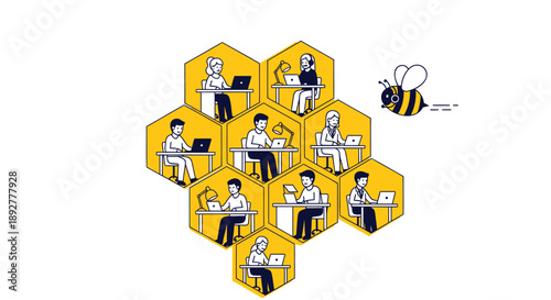 Illustration of people working together in a honeycomb structure with a bee flying nearby symbolizing teamwork and productivity