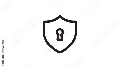 Shield with keyhole icon in simple minimalist design with black outline on white background for security symbol