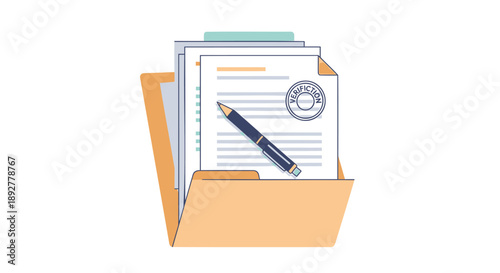 Folder with documents and pen on top organized papers in box office supplies