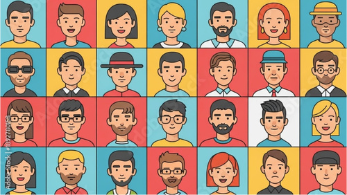 Diverse group of people in a colorful grid layout, showcasing various individuals, in a flat illustration style from a direct viewpoint