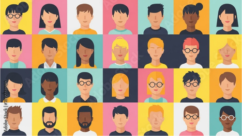 Diverse group of people represented through various colorful illustrations in a grid pattern