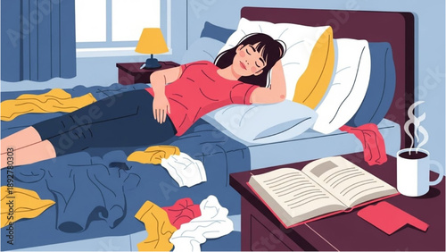 Woman lying on a cluttered bed surrounded by clothes and reading material in a cozy bedroom scene from a high angle viewpoint