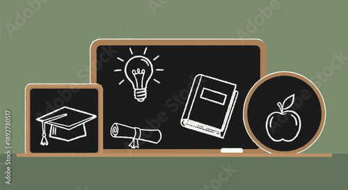 Educational icons displayed on blackboard frames with graduation cap, lightbulb, tablet, and apple, symbolizing learning and knowledge