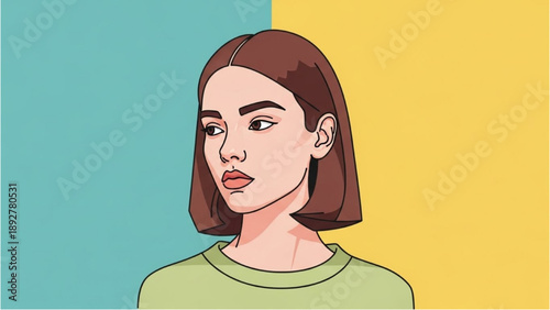 A young woman's portrait with a thoughtful expression, graphic illustration of her gazing to the side in a simple studio setting