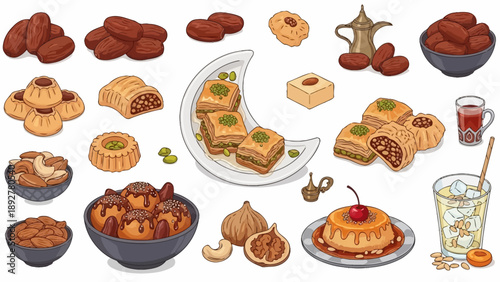 Ramadan food dates and desserts on white background.