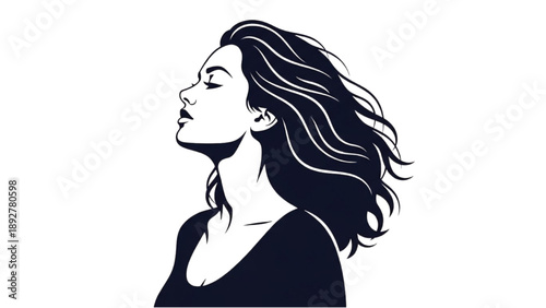 Illustration of a serene woman with flowing hair, gazing upwards in contemplation or deep thought, captured in a simple yet elegant profile view