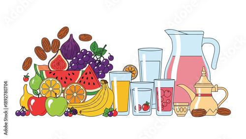 Fresh fruit and juice pitcher set with dates.