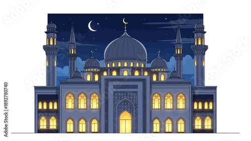 mosque at night with crescent moon.