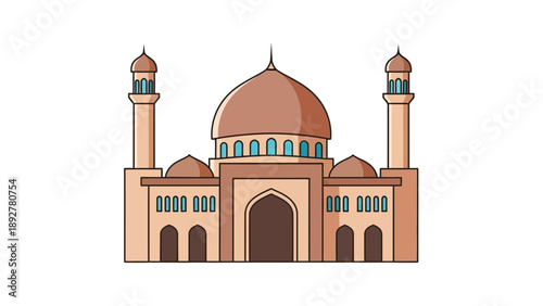 Mosque with Dome and Minarets Islamic Architecture.