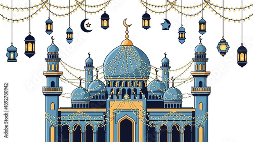 Islamic Mosque with Lanterns and Crescent Moon.