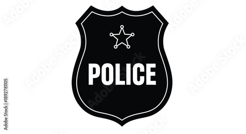 A black police shield with a star and the word police on a white background