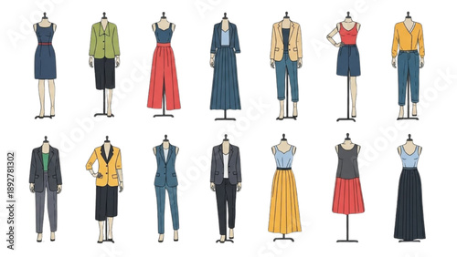 Fashion illustration of mannequins showcasing various clothing styles and outfits in a clean white environment from a frontal viewpoint