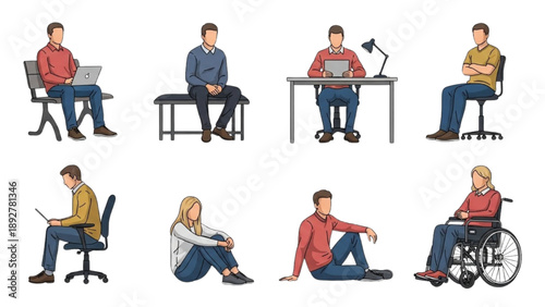 Diverse group of people working and relaxing in various settings from different viewpoints