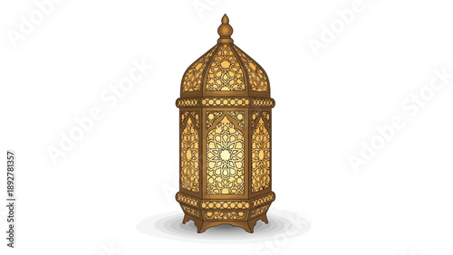 Golden Moroccan Lantern on White Background.