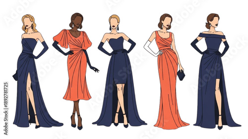 Fashion illustration of women wearing elegant evening gowns from different viewpoints showcasing various styles
