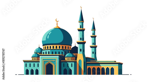 mosque with dome and minarets islamic architecture teal and gold.