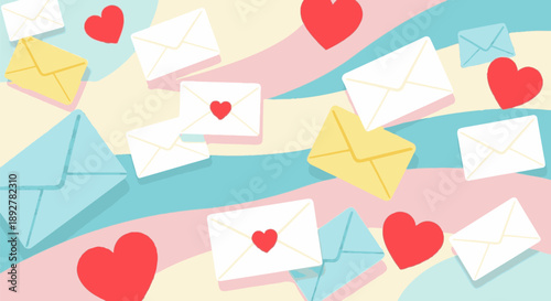 Envelopes and hearts scattered across a colorful background viewed from directly above