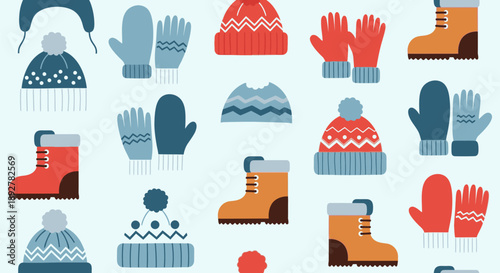 Collection of winter clothing and accessories illustrations in various colors and designs on a seamless background