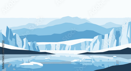 Serene Iceberg Landscape with Calm Waters and Distant Mountains in a Crisp Illustration