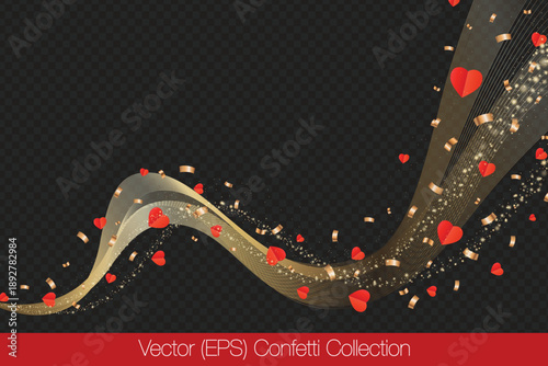 Romantic red and golden confetti for valentine's day isolated on a transparent background, featuring red hearts, glamorous gold wawe elements, confetti and twinkle