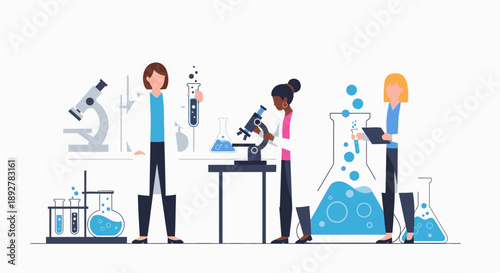 Scientists Collaborating in a Laboratory Setting with Microscopes and Equipment