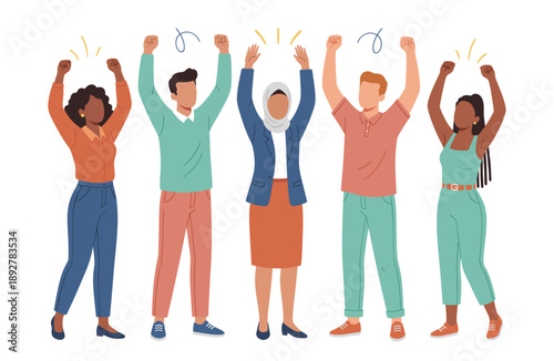 Diverse people celebrating success with raised fists