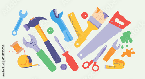 Collection of colorful tools and equipment arranged in a vibrant, overhead layout, showcasing various industry-related objects